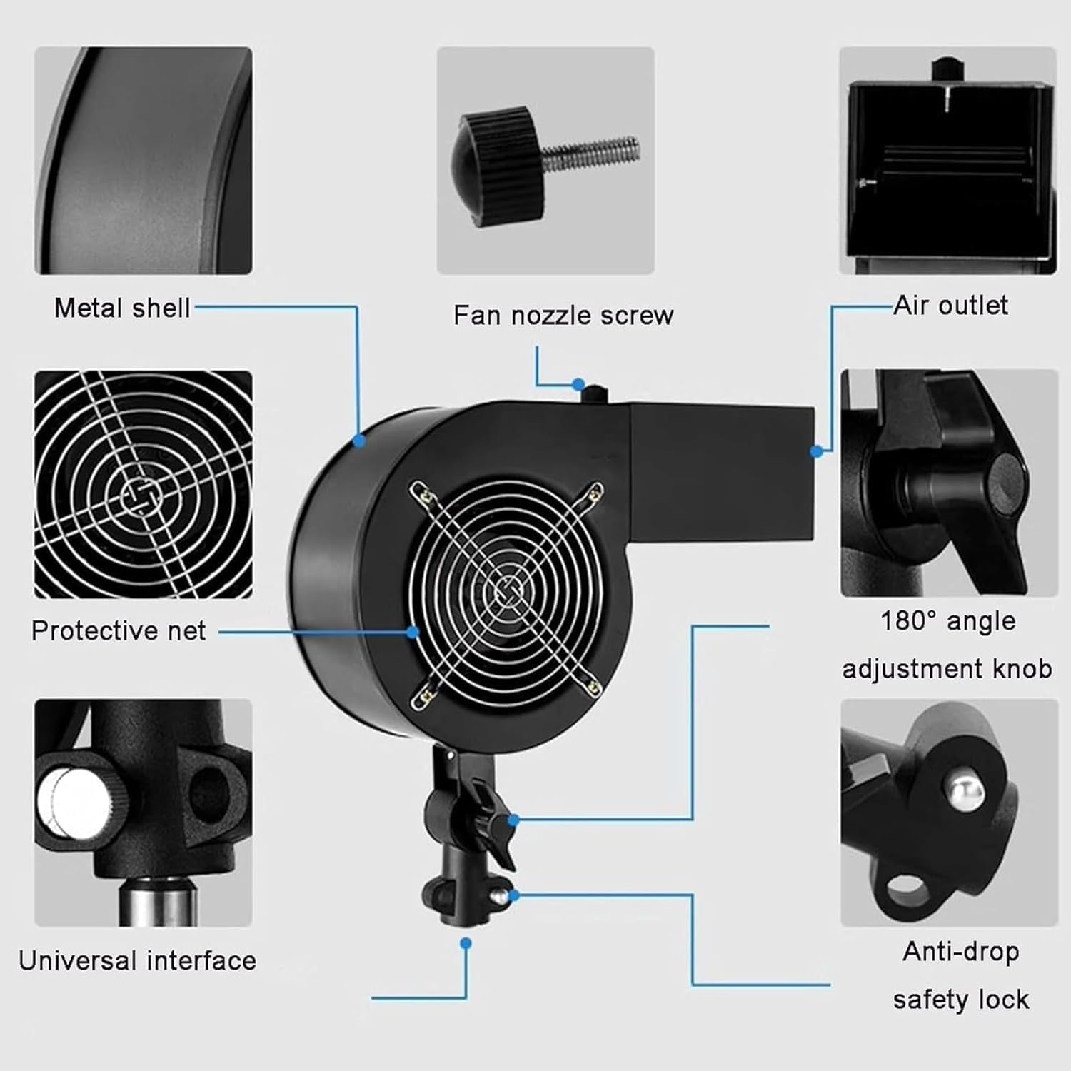 Ventilador portátil de fotografía para efectos de viento, ángulo ajustable, control de velocidad variable para escenario y grabación de video