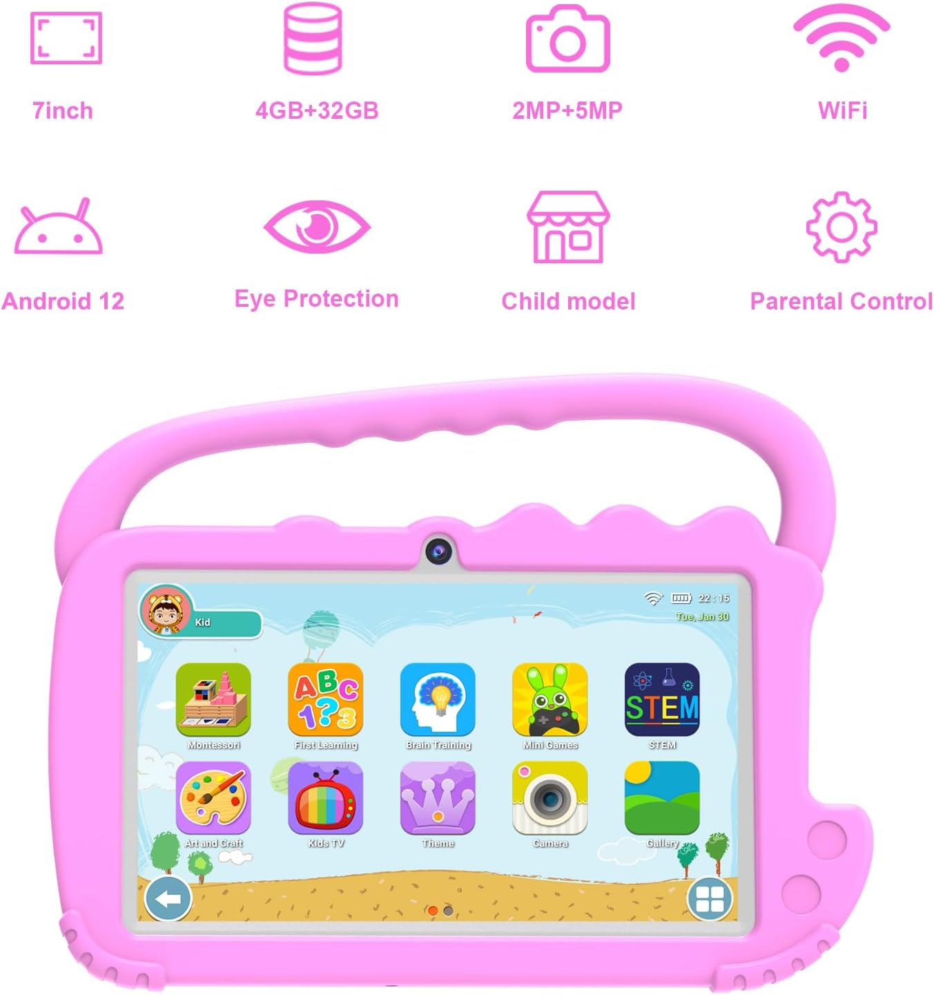 ATOZEE Kids Tablet, Android Toddler Tablet 7 inch Tableta for Kids, 4GB RAM 32GB ROM Supports 1TB Expansion, WiFi-6 Dual Camera 7" IPS Safety Eye Protection Screen Parental Control Kid Tablets (Pink)