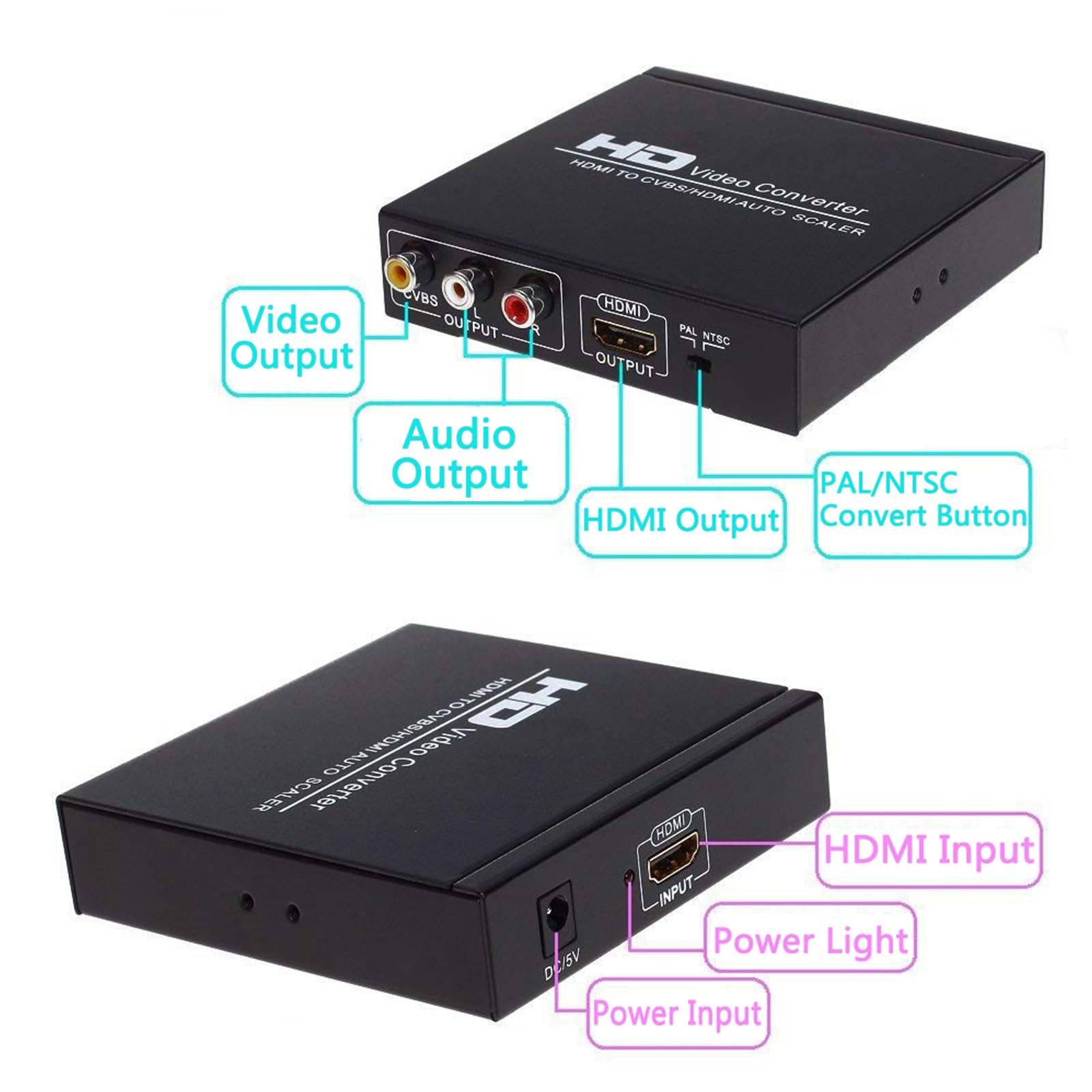 Wonlyus Convertitore da HDMI a HDMI e RCA, 1080P HDMI ad AV 3RCA CVBs video composito 3,5 mm adattatore audio AUX supporta PAL/NTSC per TV Stick PS3 PC Laptop XBOX HDTV DVD (nero