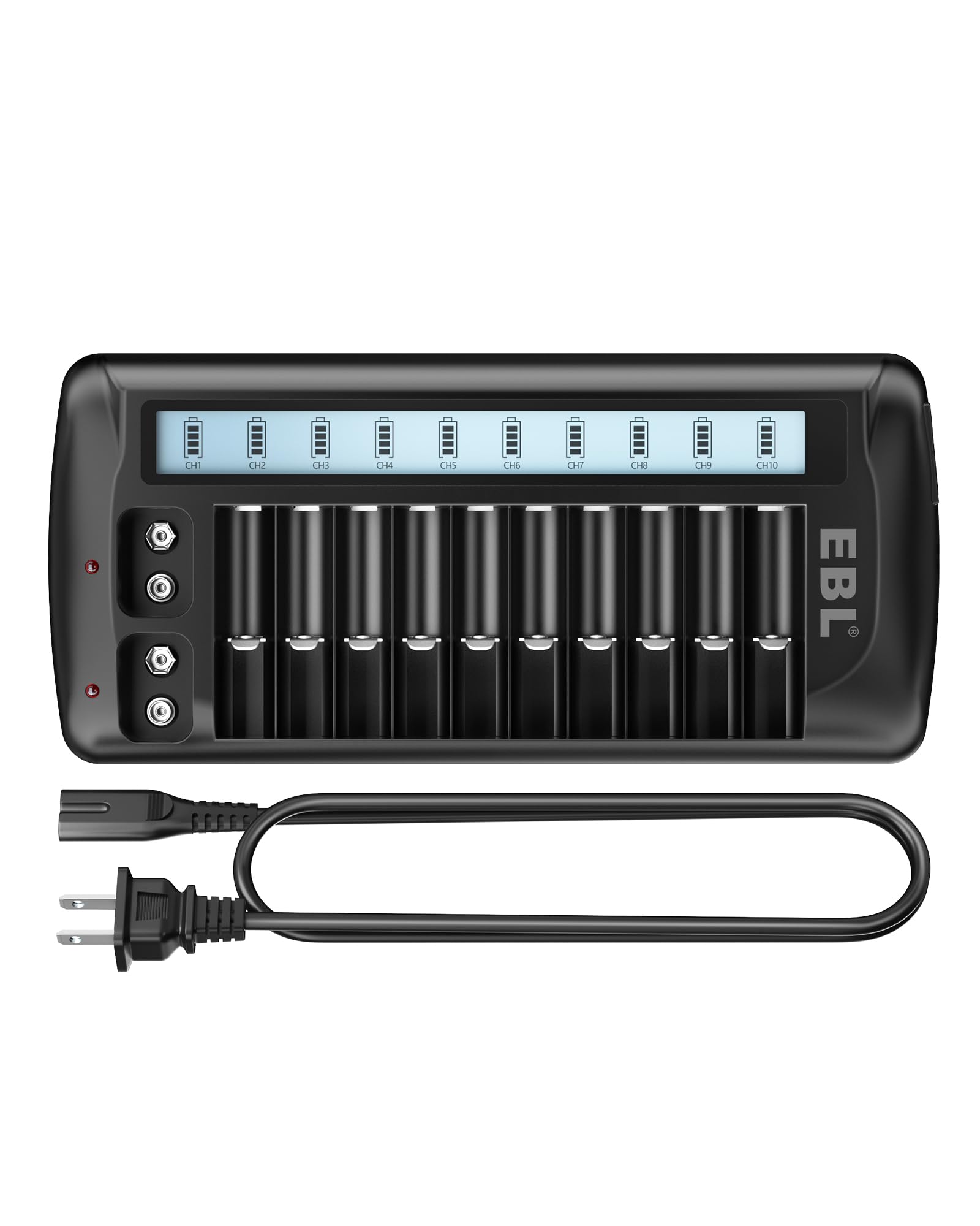 EBL Caricabatterie LCD a 12 scomparti per batterie AA, AAA e 9 V, stazione di ricarica multi-batteria con 10 slot standard AA AAA e 2 slot da 9 V