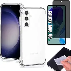 [GL CASES] Kit Capa Samsung Galaxy M55 Case Capinha Anti Impacto Reforçada Silicone Transparente Flexível Proteção De Câmera + Pelicula Samsung Galaxy M55 De Privacidade Vidro Anti Spy Espião