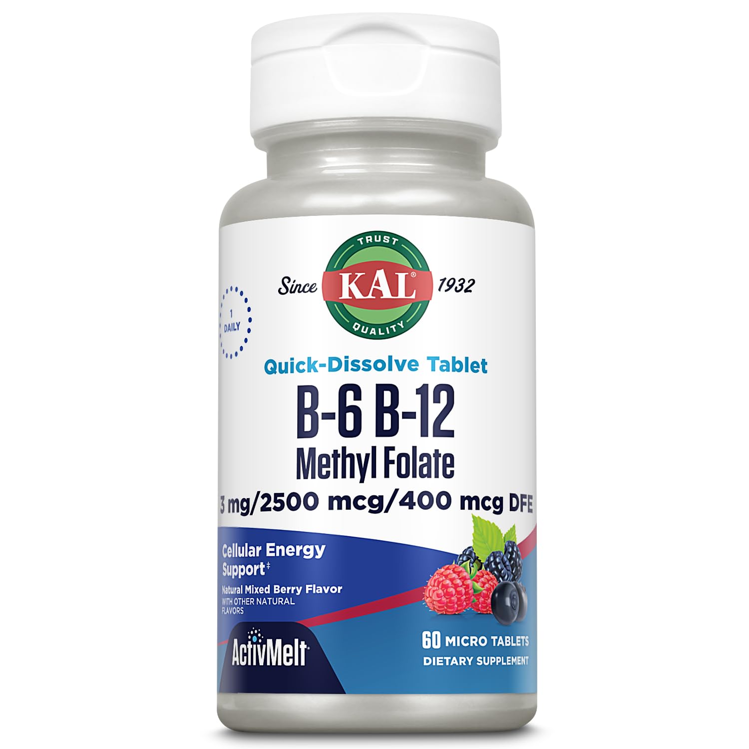 KAL, B-6 B-12 Methyl Folate, Mixed Berry, 3mg/ 2500/400 Mcg, 60 Micro Tablets
