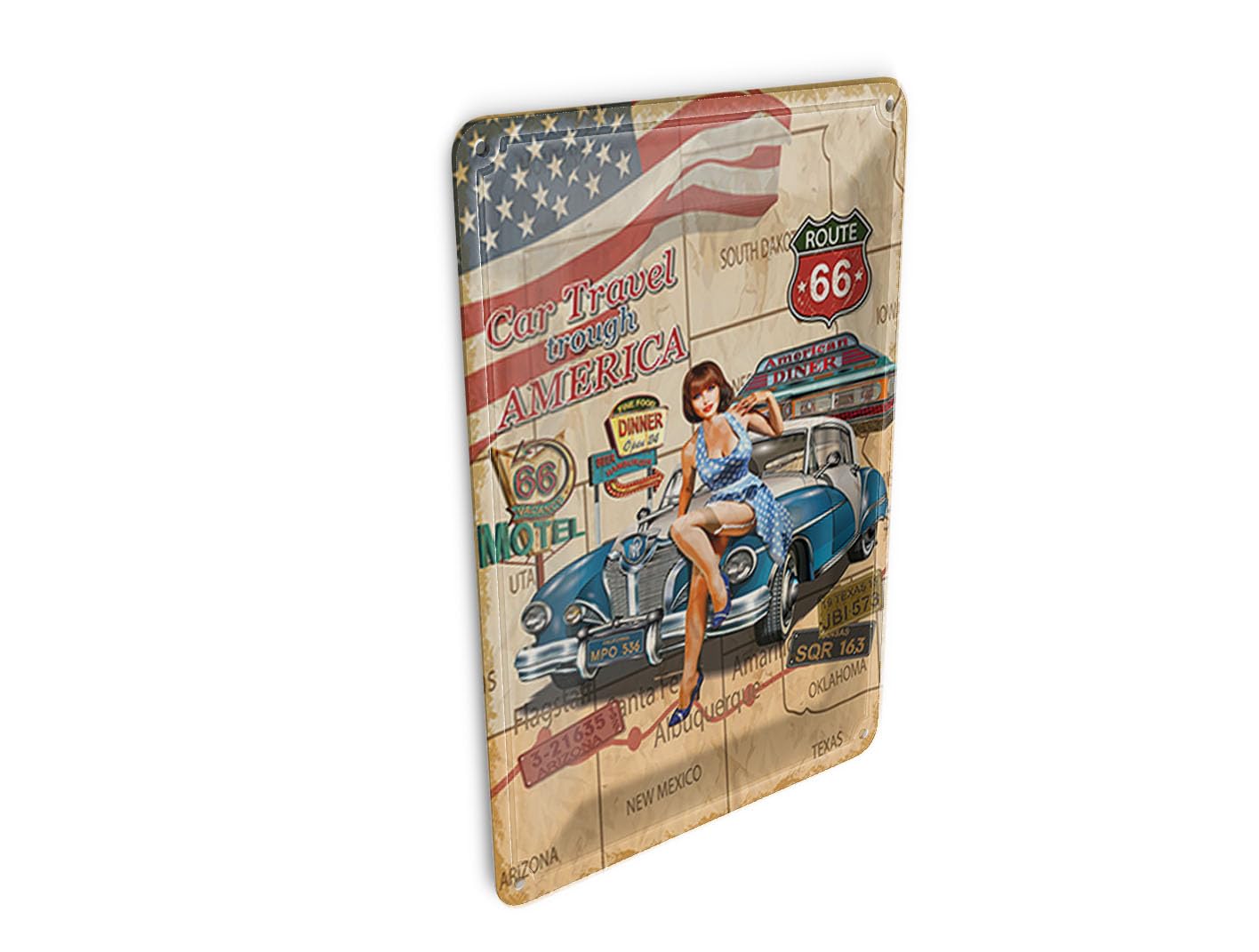 Femer Girls Multicoloured Tin Postcard Retro 10 X 14 Cm Pinup Car Travel Trough America Decorative Sign