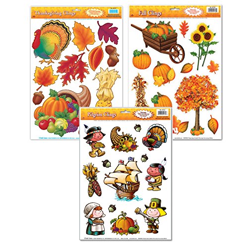 FAKKOS Design Thanksgiving Window Cling Decorations - 3 Large Sheet Sets Featuring Fall Themes - Turkeys, Pilgrims, Leaves, Pumpkins