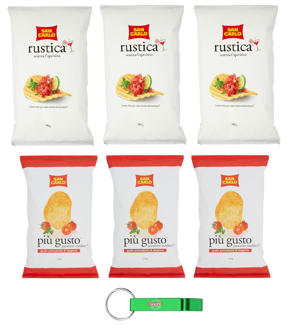 6 paquetes de prueba San Carlo Patatine, tomates cherry 3 x 150 g + Rustica 3 x 300 g – Bolsa para patatas fritas + llavero Beni Culinari gratis