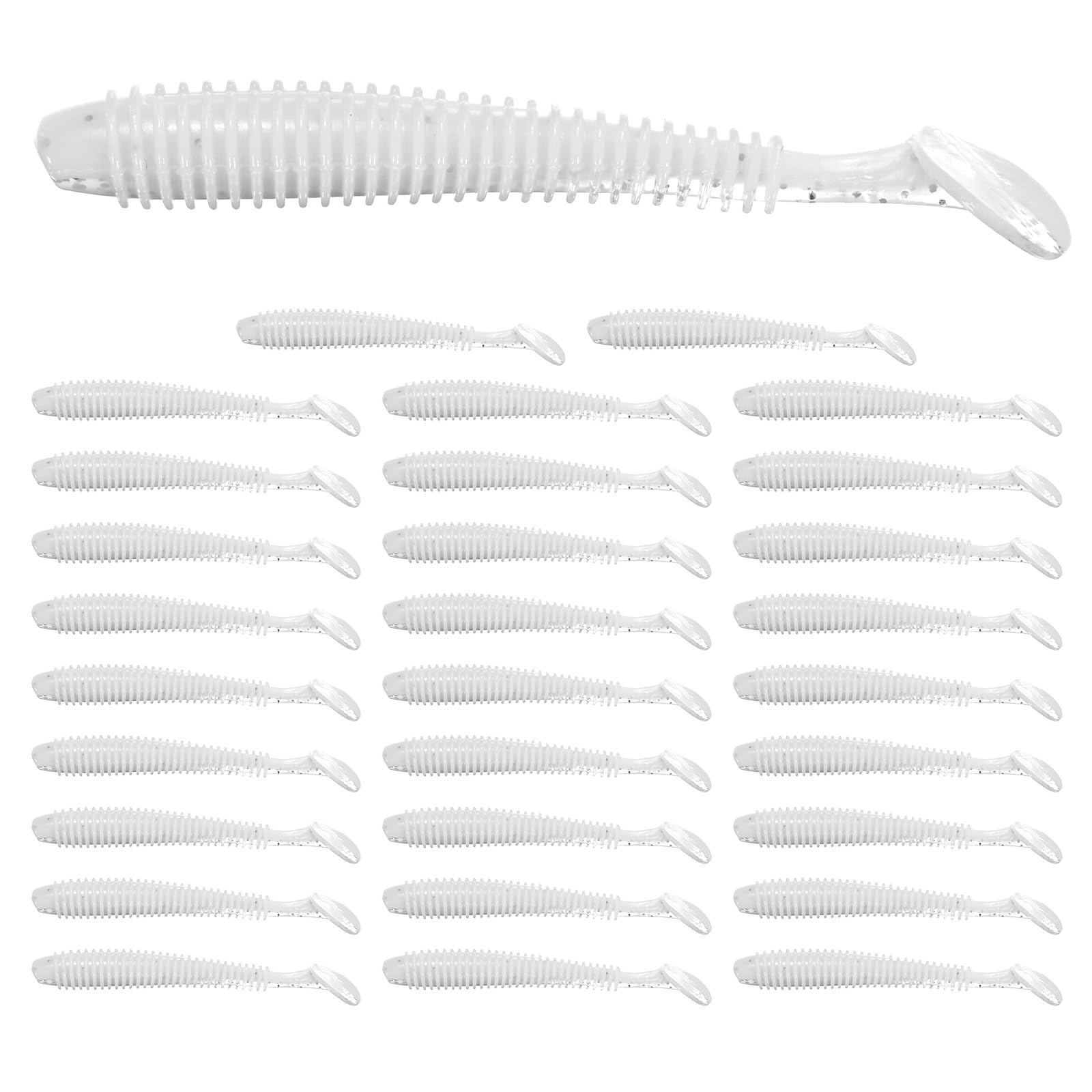 TIXIPEM 2.56" T-Tail Soft Fishing Lures [30-Pack] - Paddle Tail Swim Bait for Bass Trout in Saltwater & Freshwater - Rigged with 2 & 1/0 Hooks - White & Durable ABS Plastic