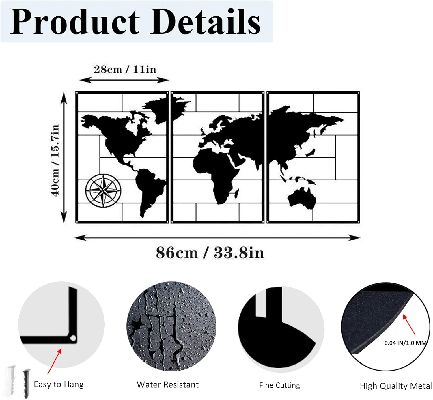 DUOOLN 3-Piece Metal World Map Wall Decor Art, Abstract Minimalist Hanging Sculpture, Travel Enthusiast Gift, Perfect Travel-Themed Artwork, Home Office Hotel Decoration - Black, 33.8“ W x 15.7” H / 86x40cm