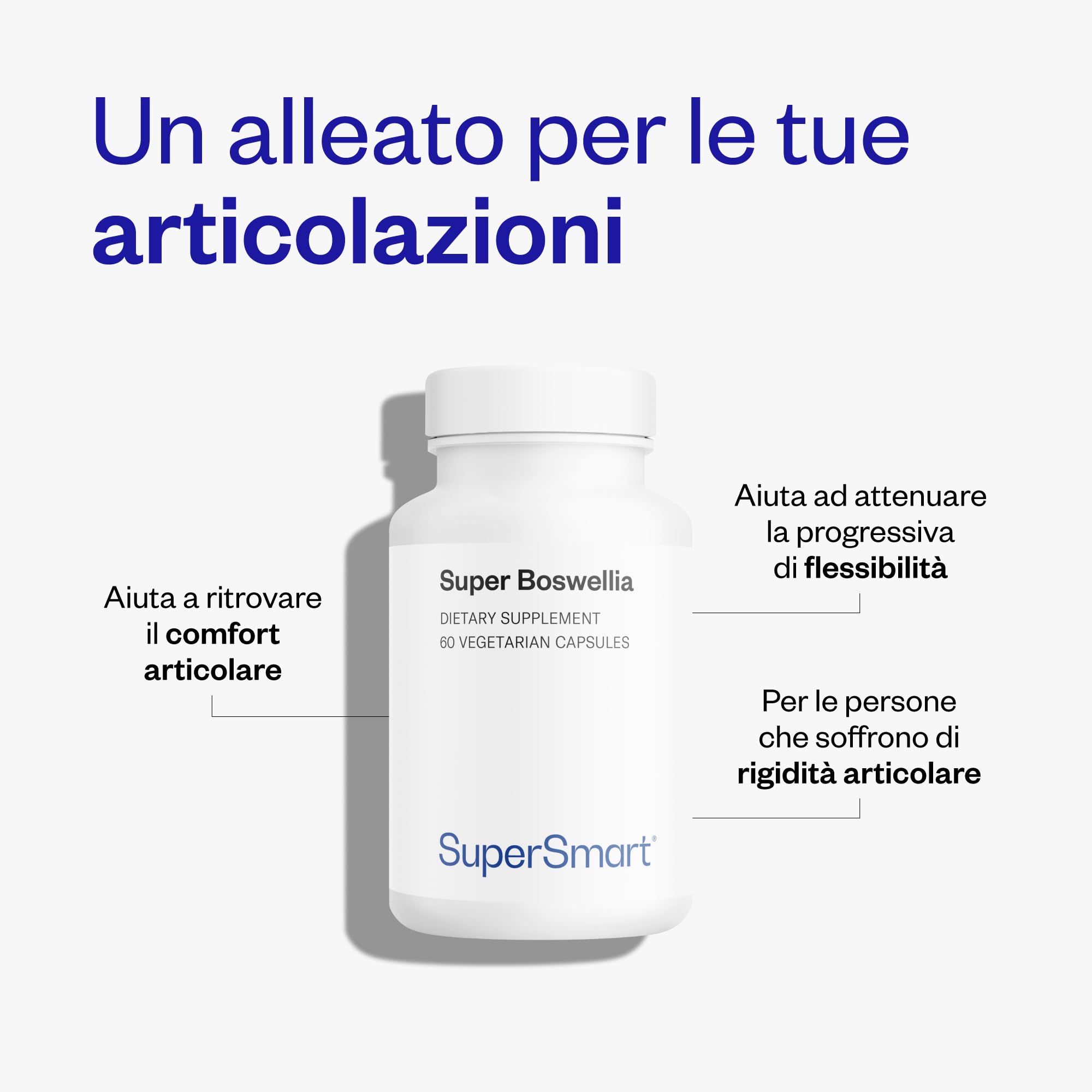 Super Boswellia - Aiuta a ritrovare il comfort articolare - Antinfiammatorio - Estratto di Boswellia Serrata standardizzato al 20% di AKBA - Elevato assorbimento - Vegano - Senza glutine - Supersmart