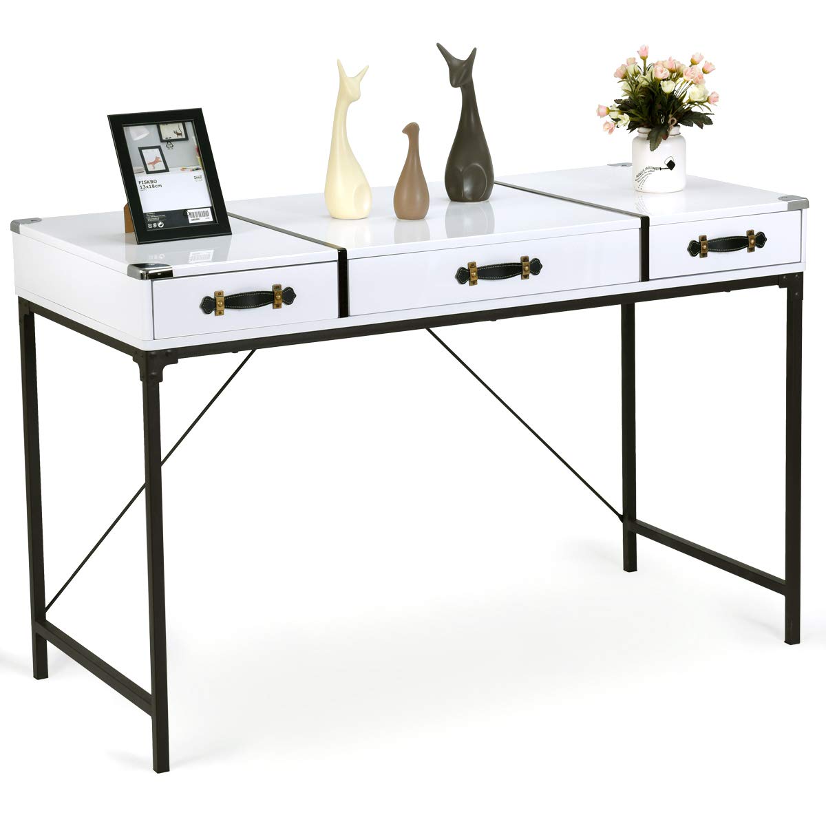 Tangkula Computer Desk, Home Office Desk, Modern Console Table with 3-Drawer Living Room Essentials Accent Table Board with Metal Frame (White)