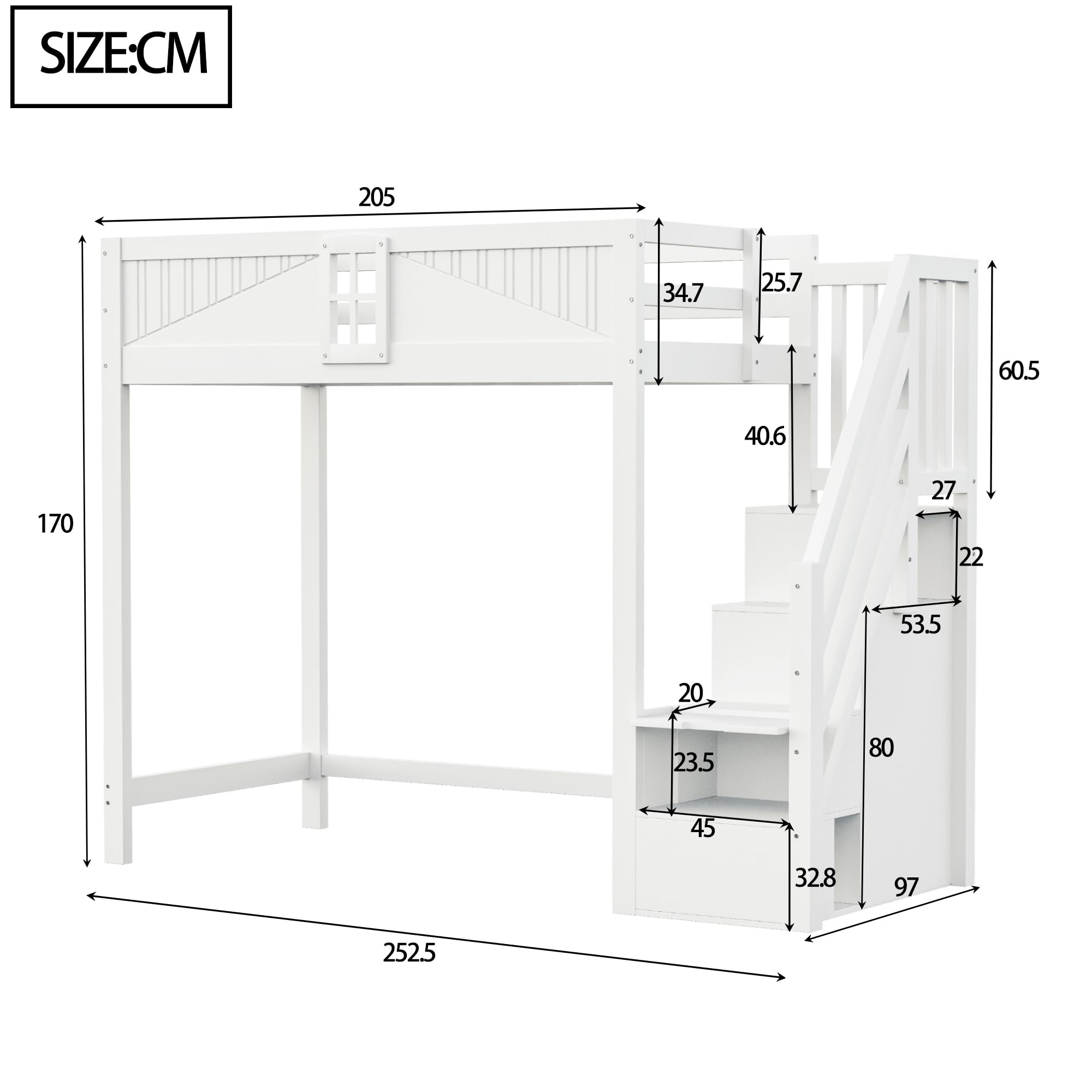 Azkoeesy Letto a soppalco per bambini con scala e armadio, 90 x 200 cm, in legno di pino, grigio-bianco, design a forma di finestra, per adulti e ragazzi (bianco)