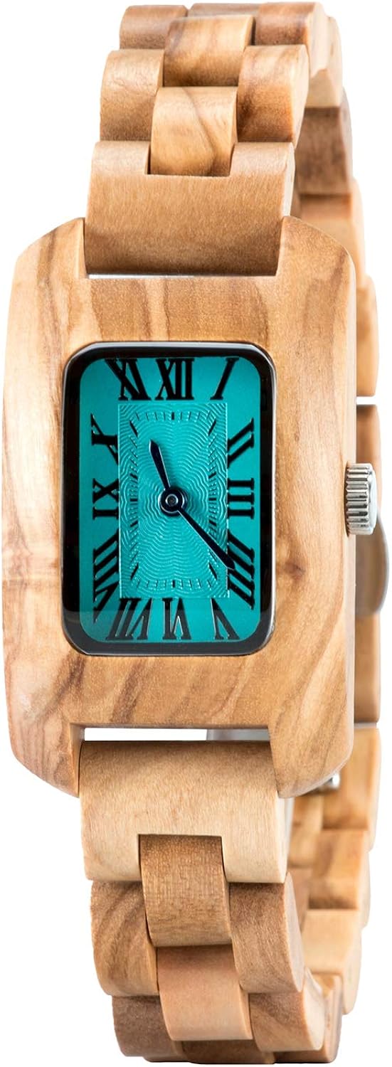 Womens Wooden Watch Rectangle Square Lightweight Elegant Blue Dial Natural Olive Wood Hand & Case Wooden Wrist Watch for Women