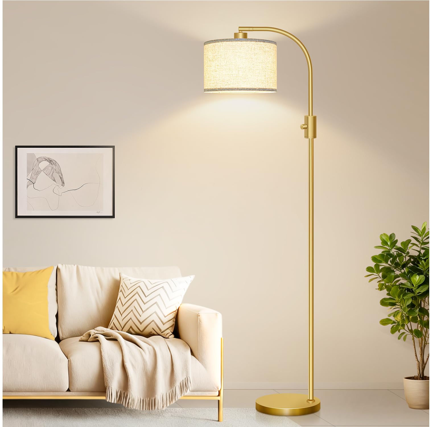 Nintiue Lampara de pie regulable, Bombilla LED de 1200 lúmenes incluida, 165cm lampara de pie salon, lámpara de pie de arco con Pantalla Ajustable para Dormitorio y Oficina