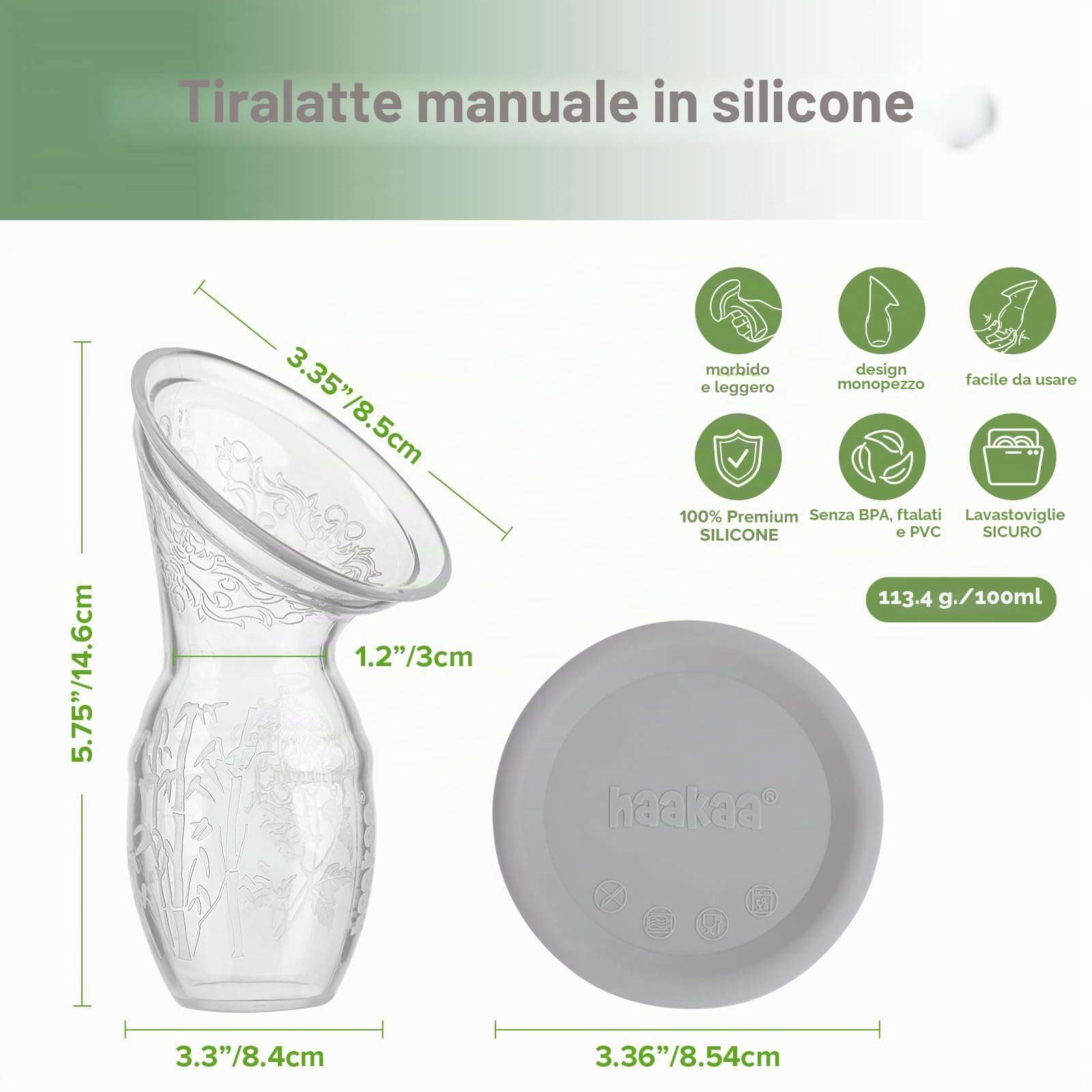 haakaa 100 ML Tiralatte in Silicone Con Coperchio, Trasparente Tiralatte Manuale, Raccolta Latte, Sano e Innocuo, Salva Ogni Goccia di Latte Materno