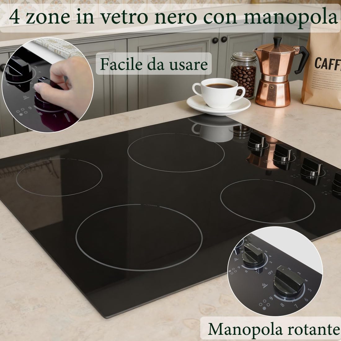 Piano cottura in vetroceramica 4 fuochi senza cavo di alimentazione, Piano cottura elettrico 6000W, Piano cottura in vetroceramica con manopole, Piano cottura da incasso 59cm