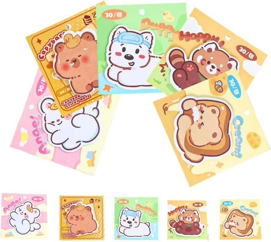 Cute Sticky Notes 5 Pack 3.14 x 3.14 Inches Small Sticky Notes Kawaii Animals Postits Notebook Mini Self-Stick Cat Students Office Home Reminder Tab Gifts for Girls Women 250 Sheets