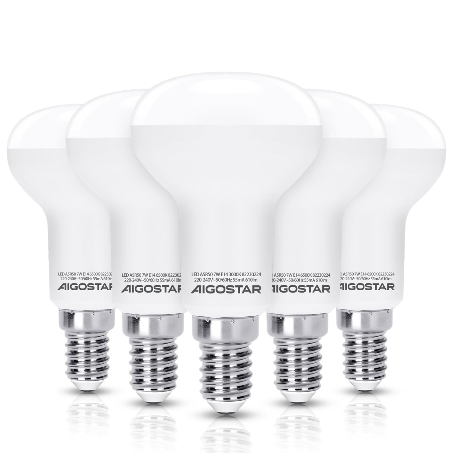 Aigostar Pacco Da 5 Lampadina Led E14 7W, R50 Lampadine, Luce Calda 3000K 610Lumen, Angolo A Fascio 170°, Non Dimmerabile-image