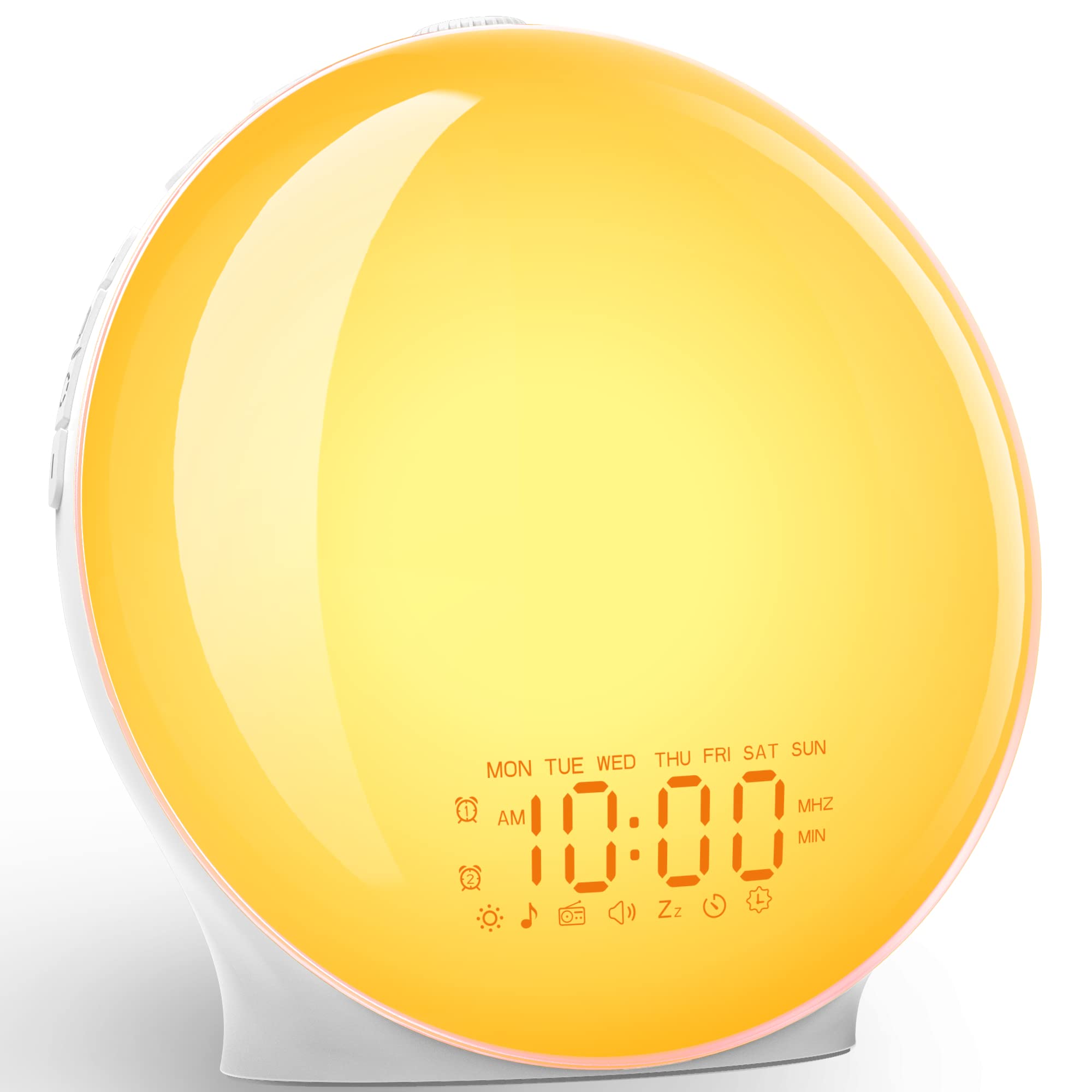 Réveil Lumineux, Simulateur d'Aube Grand Écran, Lampe de Chevet Veilleuse | 14 Couleurs, 20 Niveaux de Luminosité, Double Alarme, 8 Sons Naturels, Radio FM, Snooze, Port USB pour Enfant Adulte