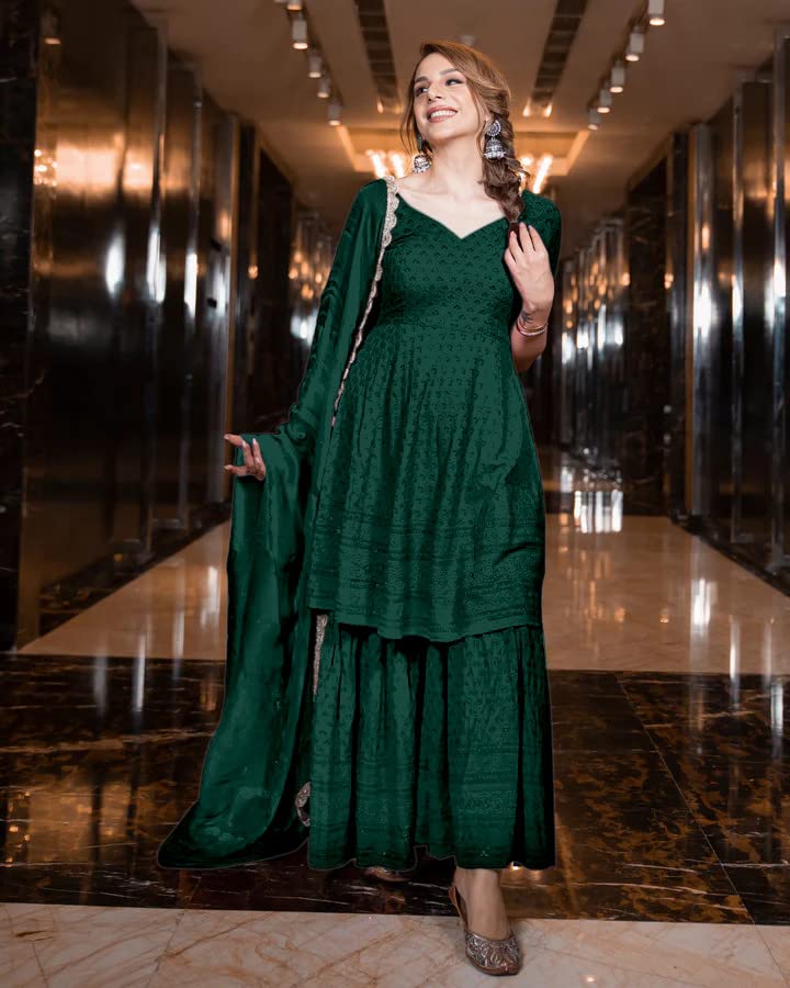 PRAGATI CREATIONWomen's Sequine Embroidered Work Georgette Fabric Kurta Pant Set With Dupatta (Green)