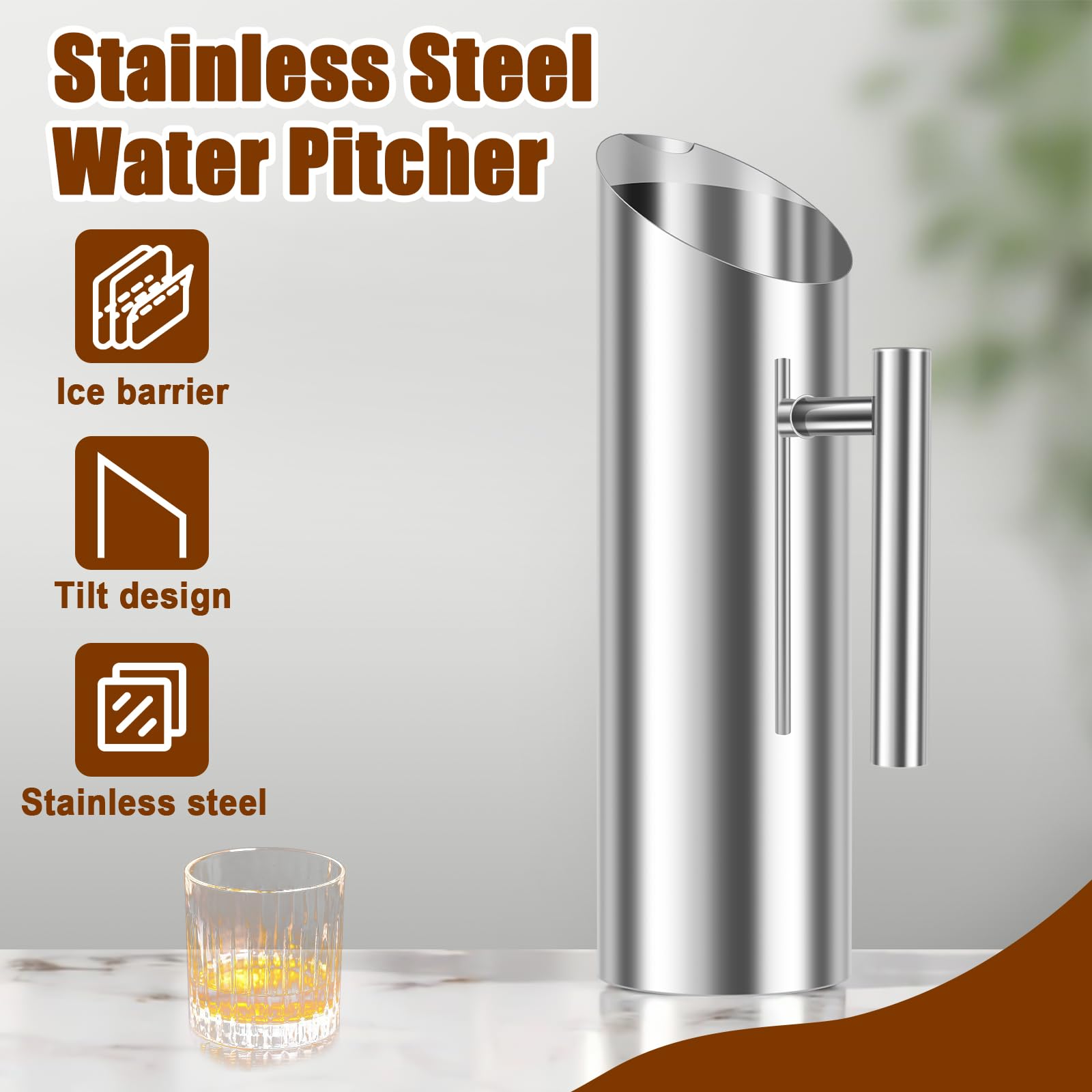 Stainless Steel Water Pitcher Carafe with Ice Guard, 1L/1.5L/2L Metal Water Pitcher with Handle, Rustproof Pitcher Container Polished Drinking Pitcher for Serving Water Iced Tea Carafe (2L)