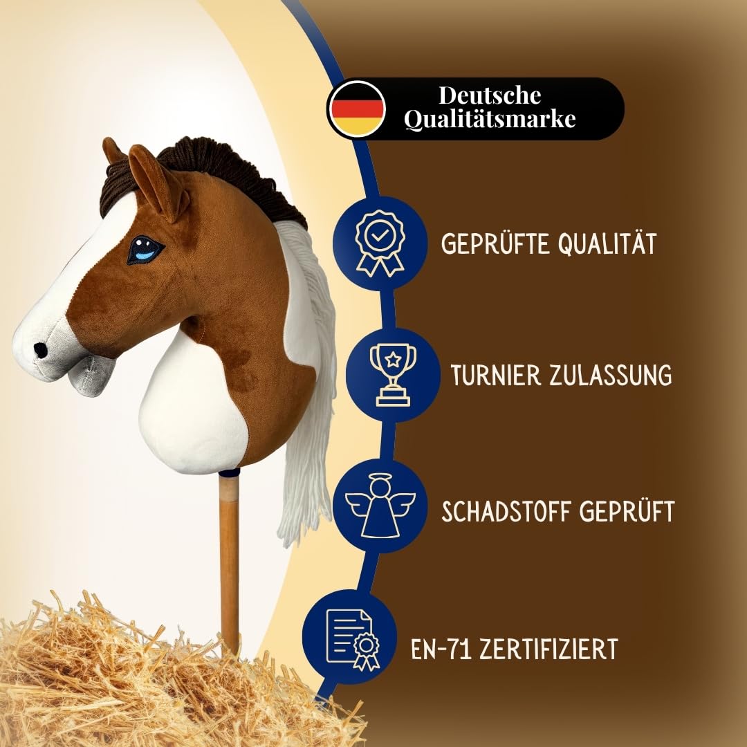 Hobby Horse Pferd -A3- Premium Steckenpferd mit Zubehör für Hobby Horsing: Pferde Spielzeug Set mit Stockpferd, Trense, Turnierschleife & Stall als Pferde Mädchen Geschenk - Toffee