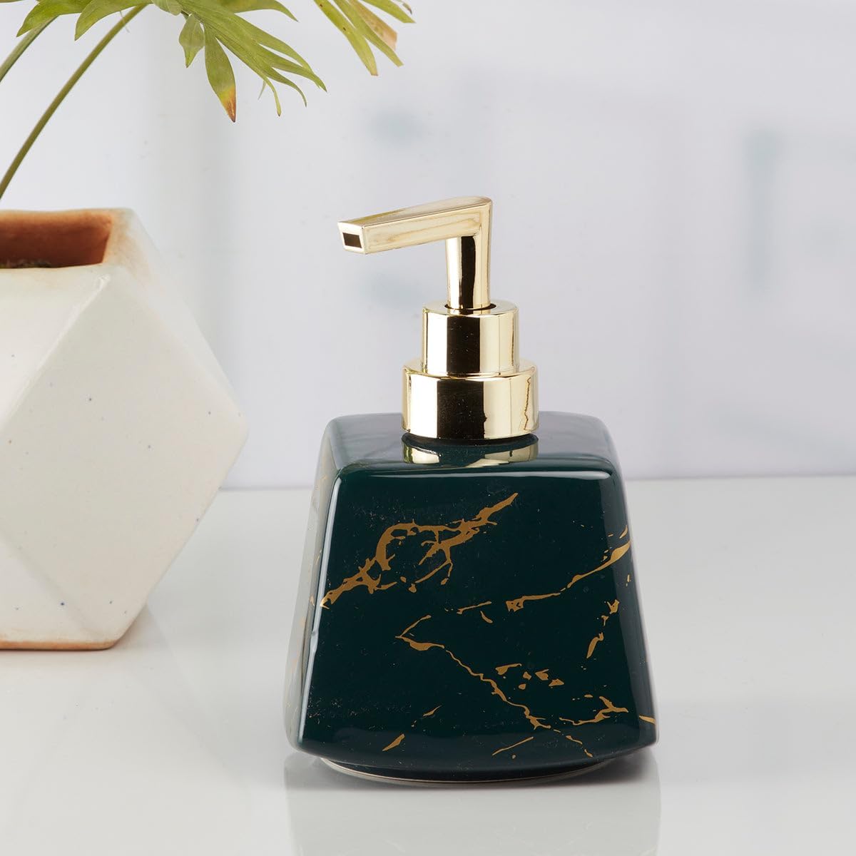 Ceramic Soap Dispenser with Stylish Refillable Pump Bottle for Bathroom Handwash & Kitchen Wash Basin, Perfect for Hand Soap, Lotion, and More, Green/Gold, (Set of 1) (10151)