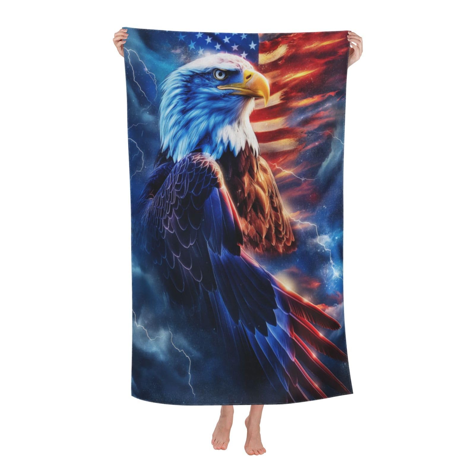 cromcu Majestic Bald Eagle Beach Towel, American Flag Design Bath Towels with Lightning Storm Background, Outdoor Pool, Travel, Camping, Bathroom, Patriotic Decor Gifts for Men, 32x52 Inch