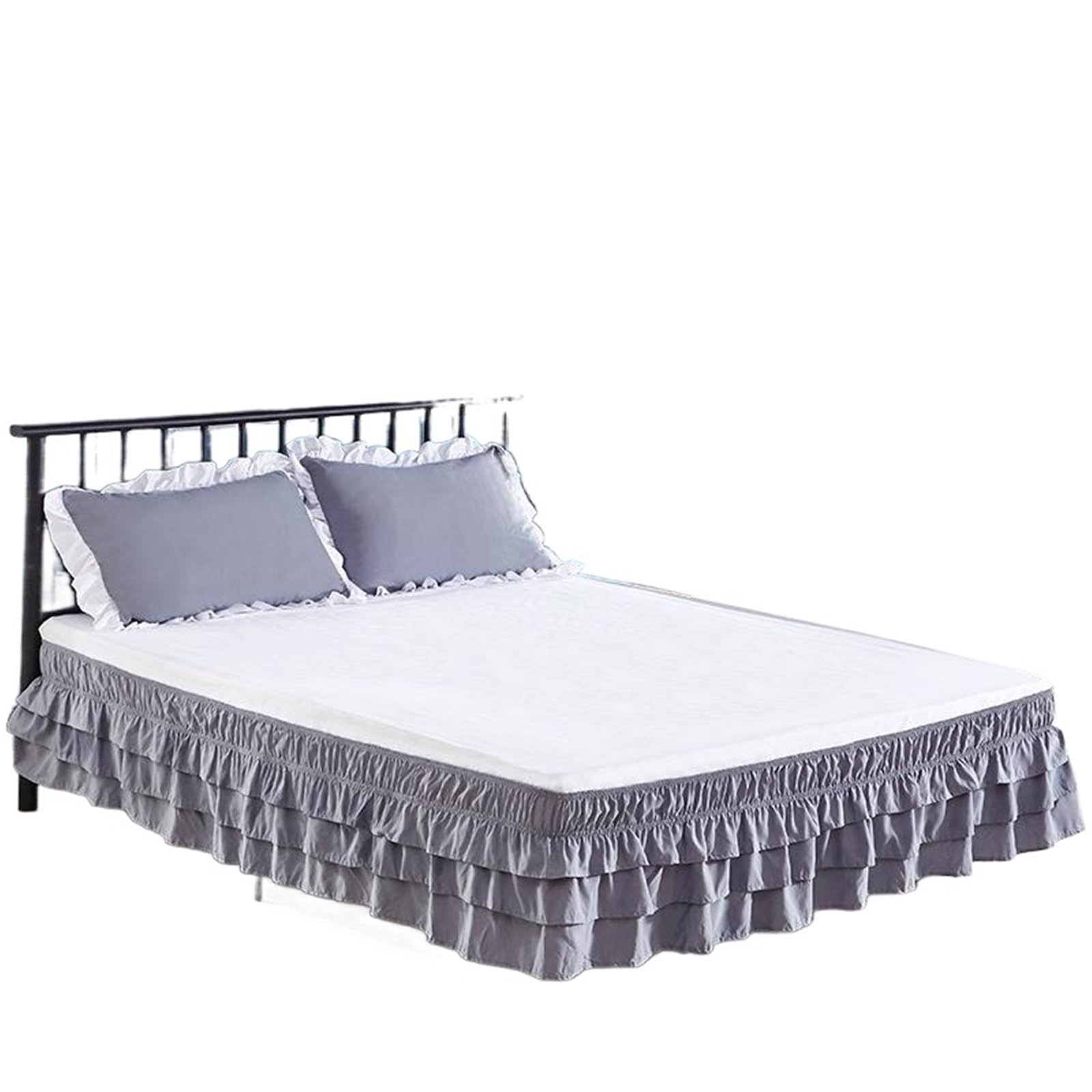 Ruffled Bed Skirt Three Layers Wrap Around Elastic Solid Bed Skirt Band Without Sheet(Grey,QUEEN 150x200cm)