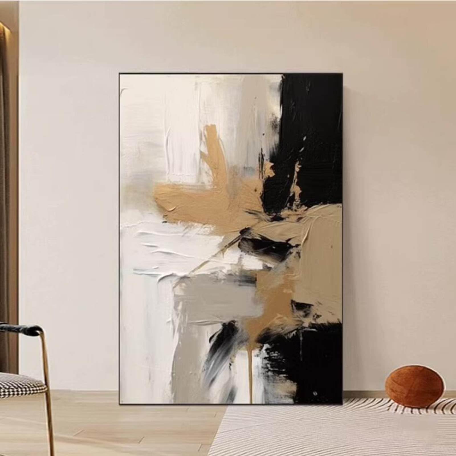 Peinture à l'huile moderne de luxe tableau abstrait noir et café toile fait main 90 cm