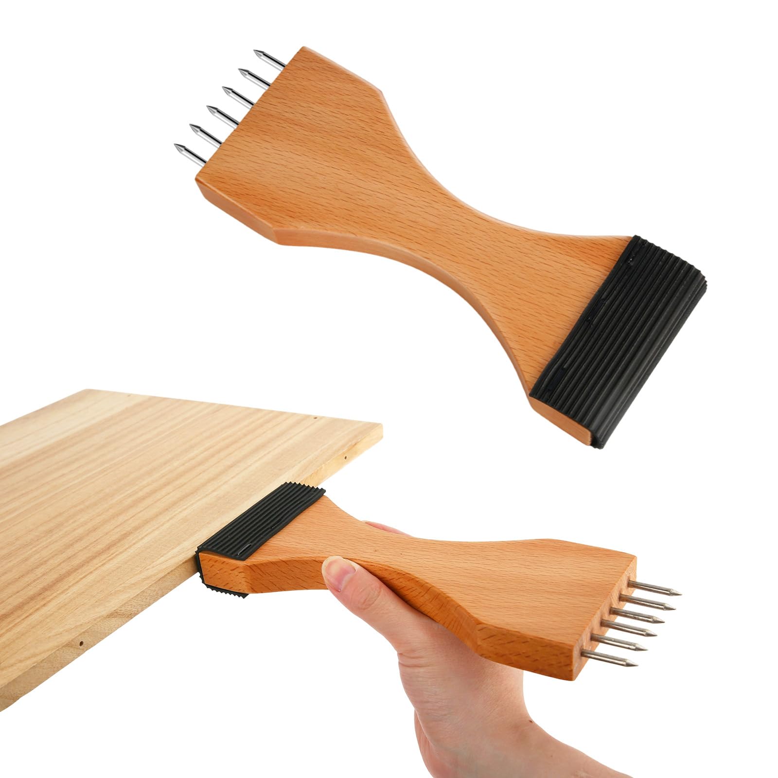 Tinoaly Herramienta Estirar Correas Cuello Cisne Tapicería, Diseño Palanca Mango Madera Herramienta Tensora Correa con Agarre Antideslizante Pasadores Acero Reparación Alfombras Lonas y Muebles