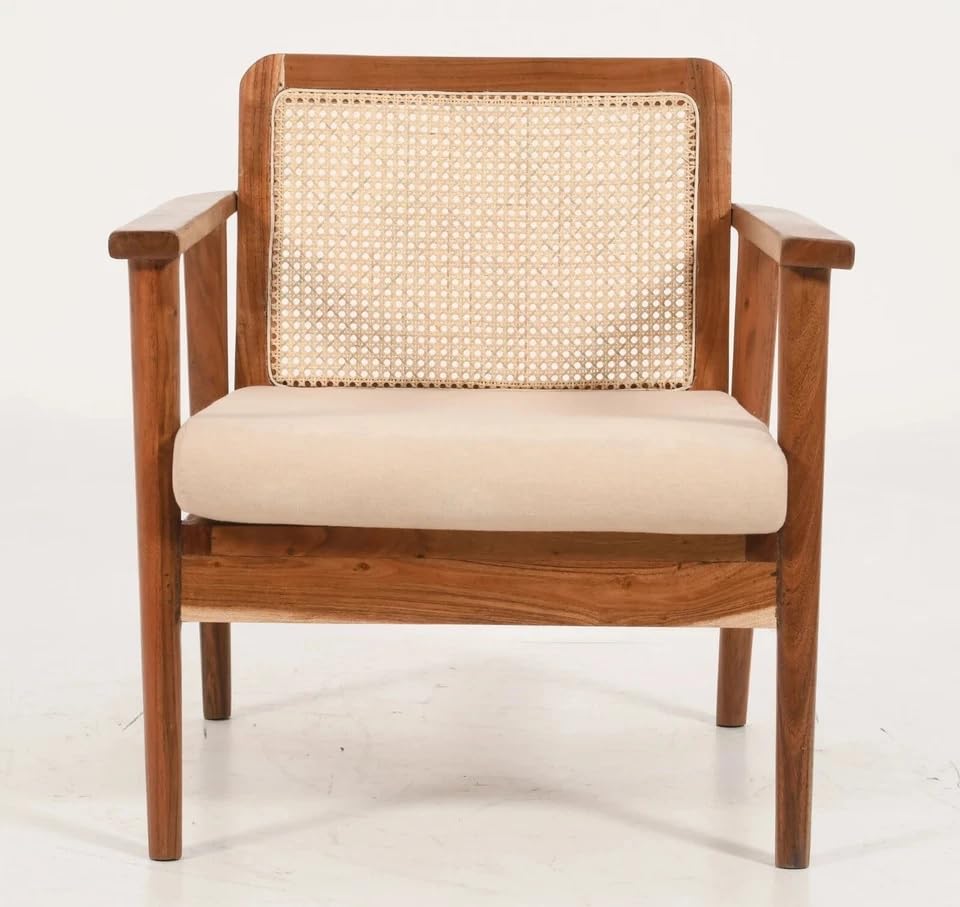 Image of LSGF Mangz Wooden Lounge Chair with Rattan Cane Back | Solid Wood Accent Chair with Cushion | Mid Century Modern Armchair for Living Room, Bedroom & Office (Natural Teak)