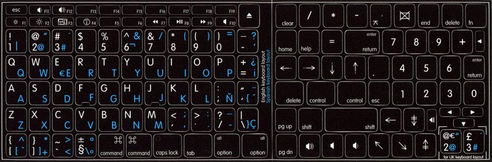 MAC English - Spanish (Traditional) Keyboard Labels ON Black Background for Desktop, Laptop and Notebook