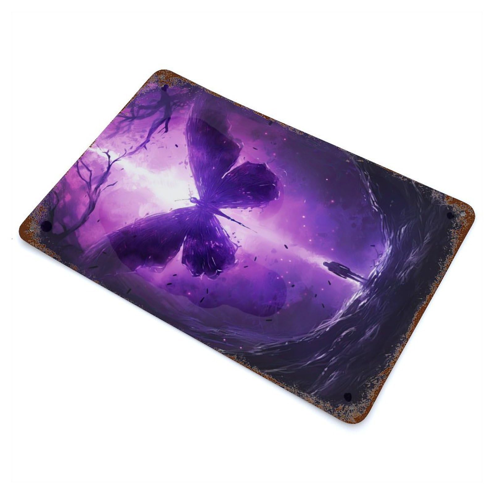 Garage Style Giant Purple Butterfly Rust Effect Tin Sign 11.8"x7.9", Vintage Wall Decor for Bar And Workshop