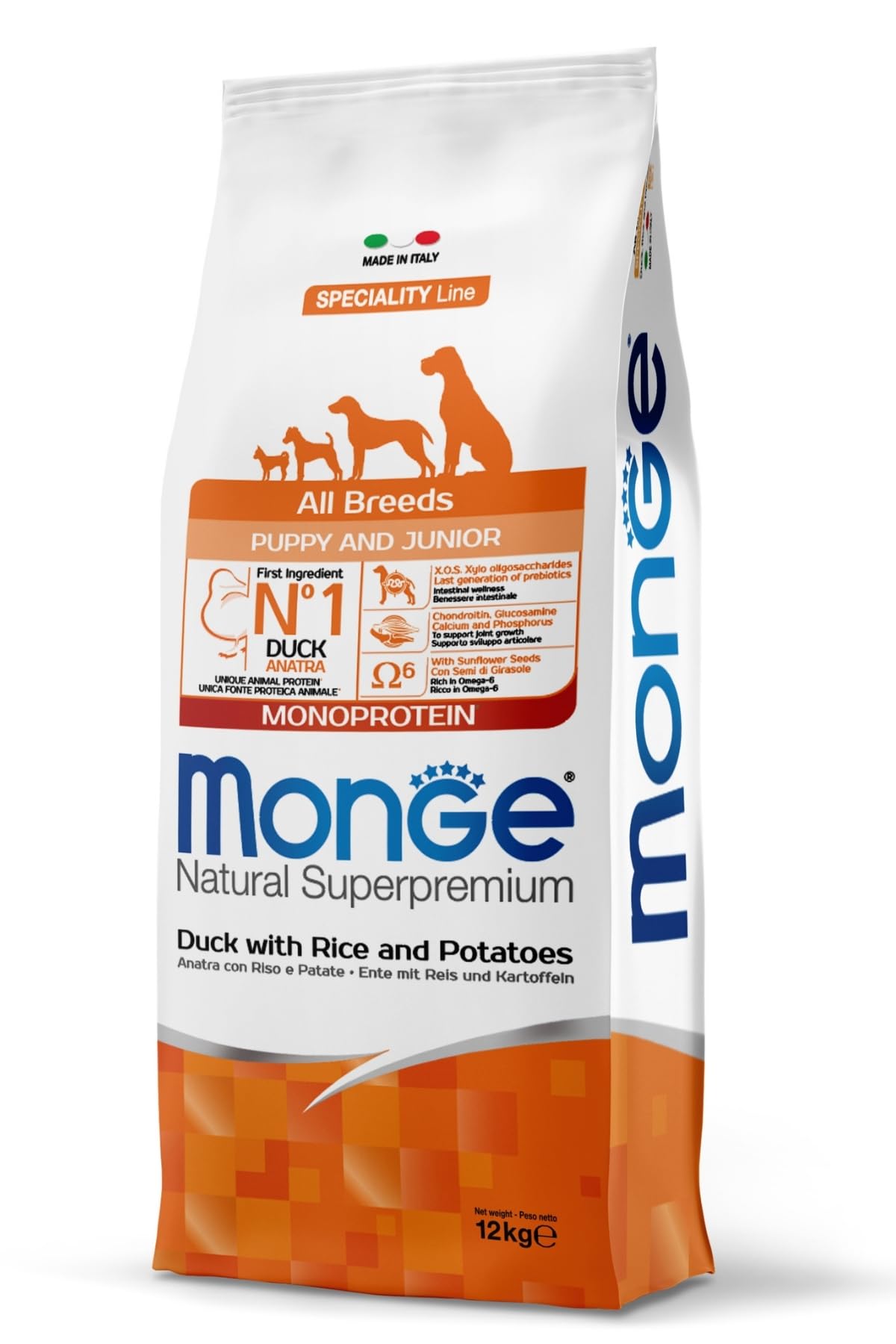 Monge Natural Superpremium Puppy and Junior Duck, Rice and Potatoes, karma dla psów wszystkich ras (sucha karma dla psów z kaczką, ryżem i ziemniakami, bardzo bogata w błonnik i witaminy, 12 kg)