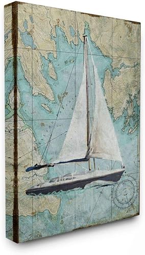 Stupell Industries Lienzo decorativo para pared, diseño de mapamundi vintage, vela, costa oceánica, 16 x 20 pulgadas, multicolor