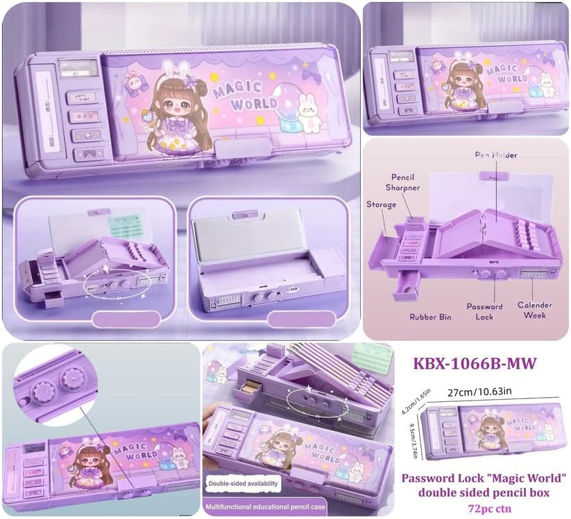 Image of Royals hub Plastic Galaxia Multifunctional Magic World Password Lock Double Sided Compass Box for Kids, Aesthetic Stationary Items, Baby Girl Theme Pencil Case Return Gifts for Kids, Purple