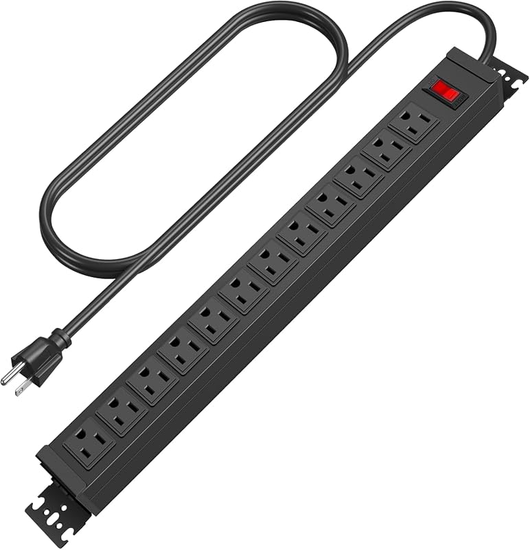 Rotating 12 Outlet Surge Protector Power Strip, 1200J, 6FT, Black, 1 | Metal Heavy Duty and Versatile Outlet Strip, Mountable Power Strip Suitable for Households Offices Industries