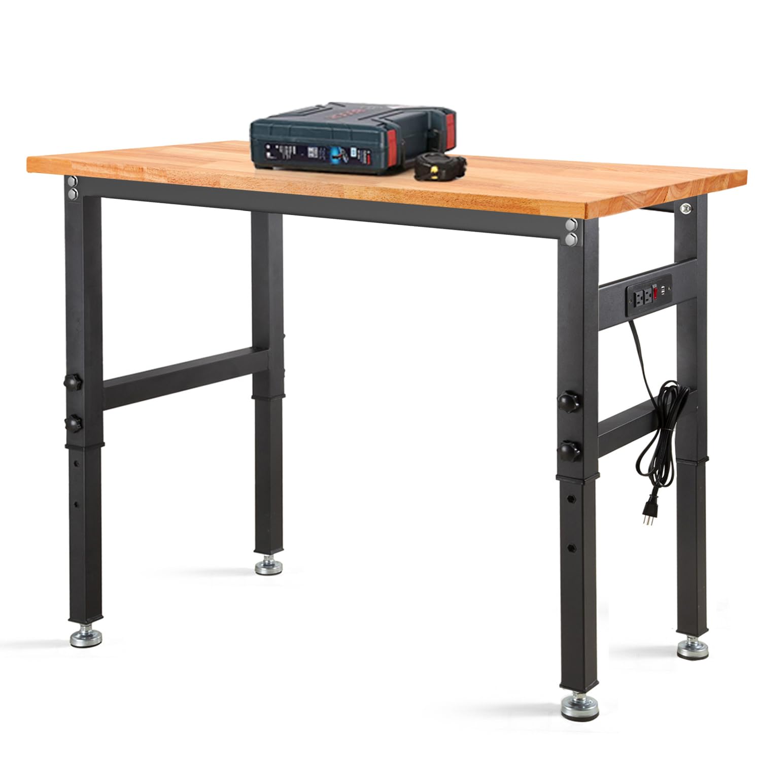 48" Adjustable Workbench, Rubber Wood Top Heavy-Duty Workstation, 2000 LBS Load Capacity Hardwood Worktable with Power Outlets for Garage, Workshop, Office, Home