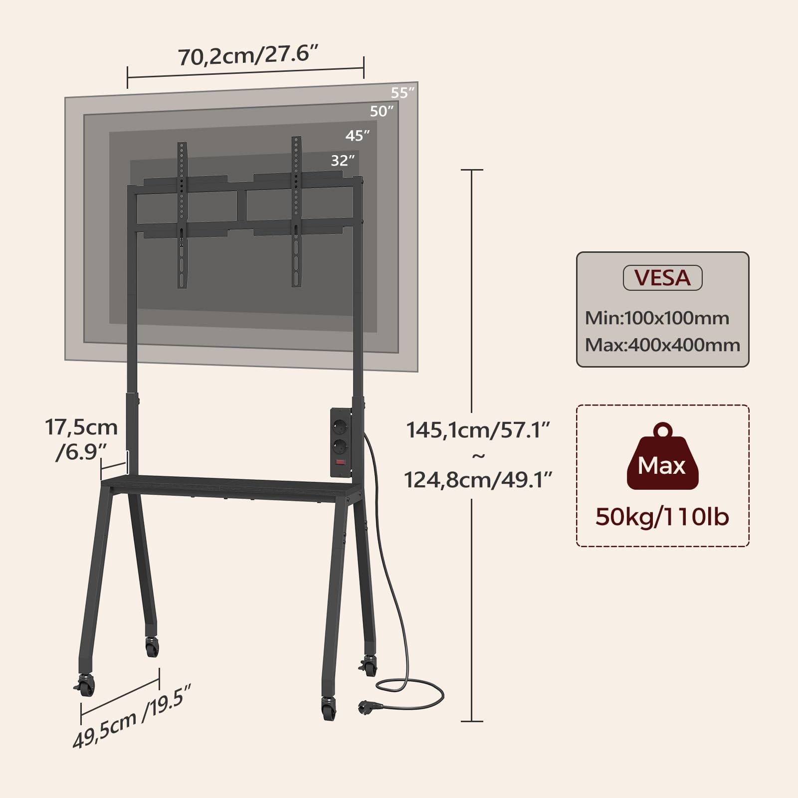 MAHANCRIS TV Ständer mit Rollen für 32-55 Zoll Fernseher, höhenverstellbar
