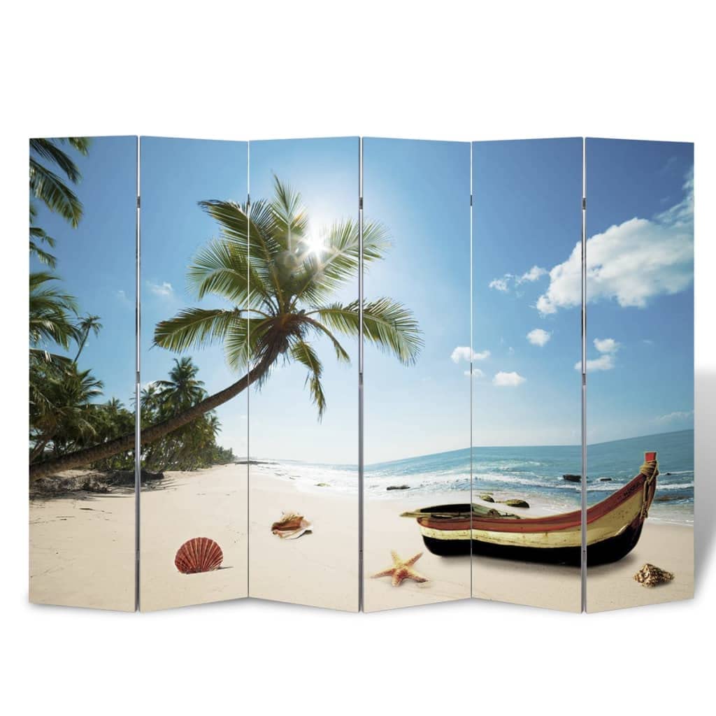 Paravent pliable 217 x 170 cm plage avec cadre en bois de sapin massif et impression double face, paravent pliable extérieur résistant aux intempéries, mur espagnol comme brise-vue et vestiaire