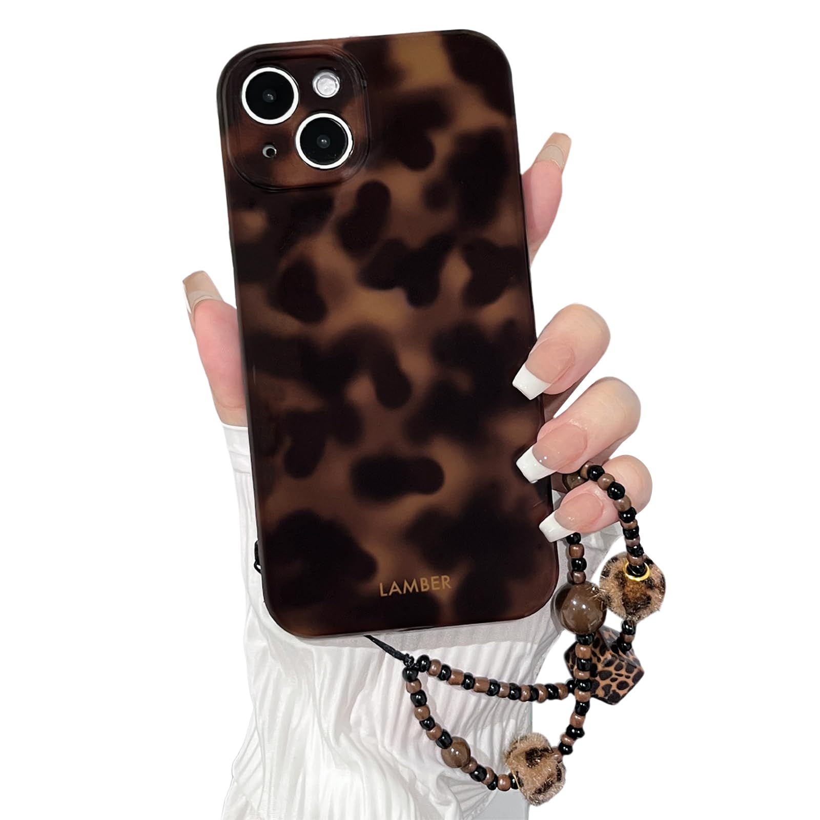 NITITOP Compatible with iPhone 13 Case with Chain Lanyard Strap Stylish Leopard Print Tortoise Brown Amber for Women Girls Men Soft TPU Shockproof