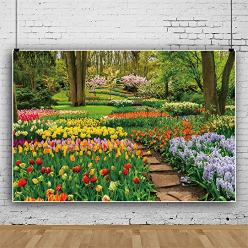Fondo Fotográfico Vinilo 9x6ft Flores Tulipanes Bosque Primavera miniatura 3