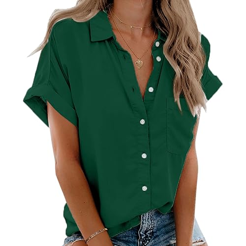 Beautife Womens Short Sleeve Shirts V Neck Collared Button Down Shirt Tops with Pockets