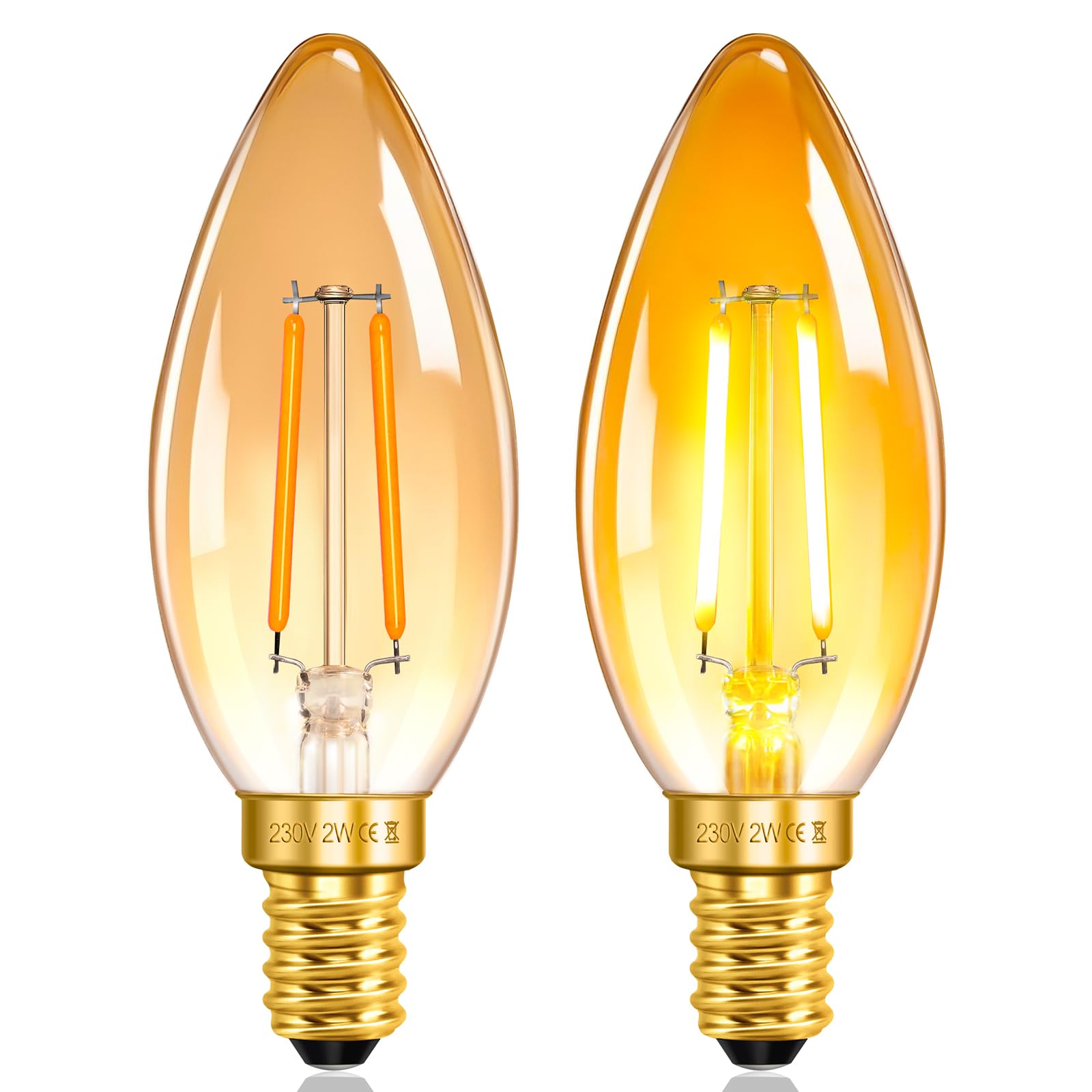 SCNNC E14 LED Glühbirne Kerze Retro Vintage 2W Amber C35 Kerzenbirnen 220V Warmweiß 2200K, 20W Äquivalent Nicht Dimmbar, C35 E14 LED Filament Vintage Kerzenlampe für Kronleuchter, 2 Stück