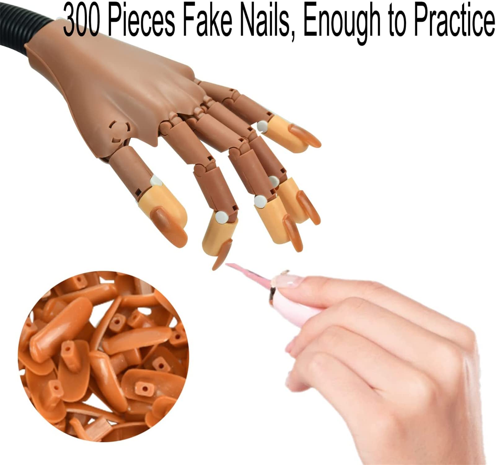 Mano de Práctica de Uñas con 300 Piezas Uñas Postizas, Falsas-Mano de Práctica para Manicura Ajustables Flexibles de Uñas Artificiales para Manicura de Uñas DIY