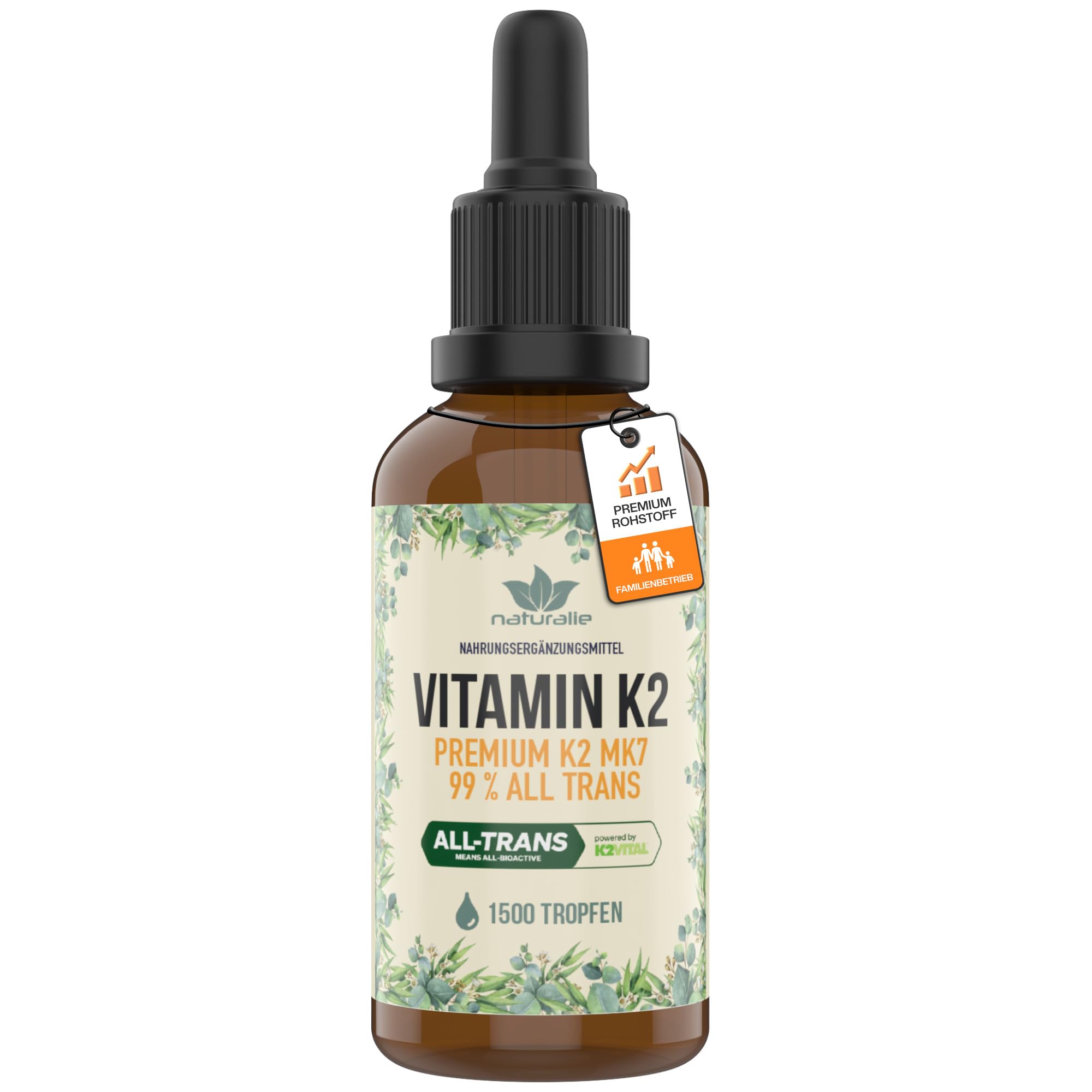 naturalie® - premium Vitamin K2 Tropfen hochdosiert | 200 µg K2 pro Tagesdosis | Markenrohstoff K2VITAL® MK7 mit 99% all Trans Isomeren | 50 ml | laborgeprüfte Qualität