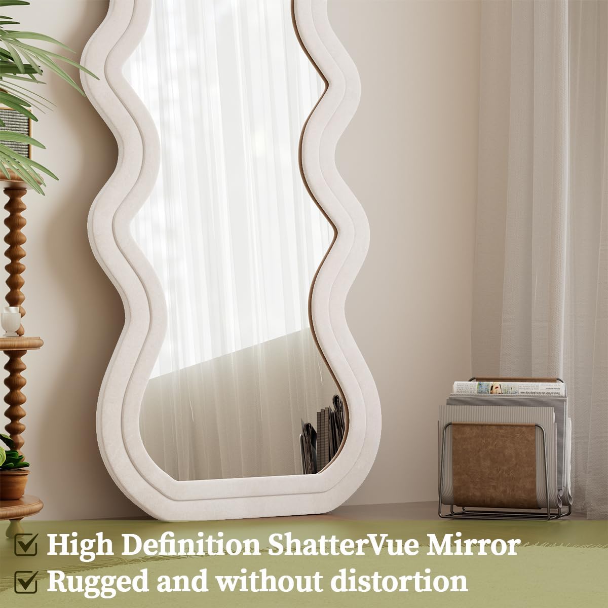 Koonmi 71"x32" Wavy Mirror Full Length, Flannel Floor Mirror, Large Floor Standing Mirror Wall Mounted with Flannel Wrapped Frame for Bedroom & Living Room, White