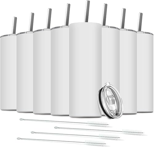 Deitybless Paquete de 8 vasos delgados de acero inoxidable, vaso de agua de doble aislamiento de 20 onzas con 8 popotes y 4 cepillos, taza de viaje