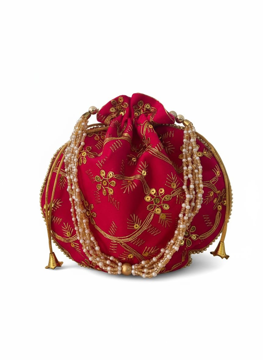 giftywish Ethnic Hot Pink Velvet Potli Bag with Golden Embroidery – Handcrafted Indian Bridal Purse, Clutch with Pearl Beaded Handle for Weddings, Parties, Festive Occasions-picture-32