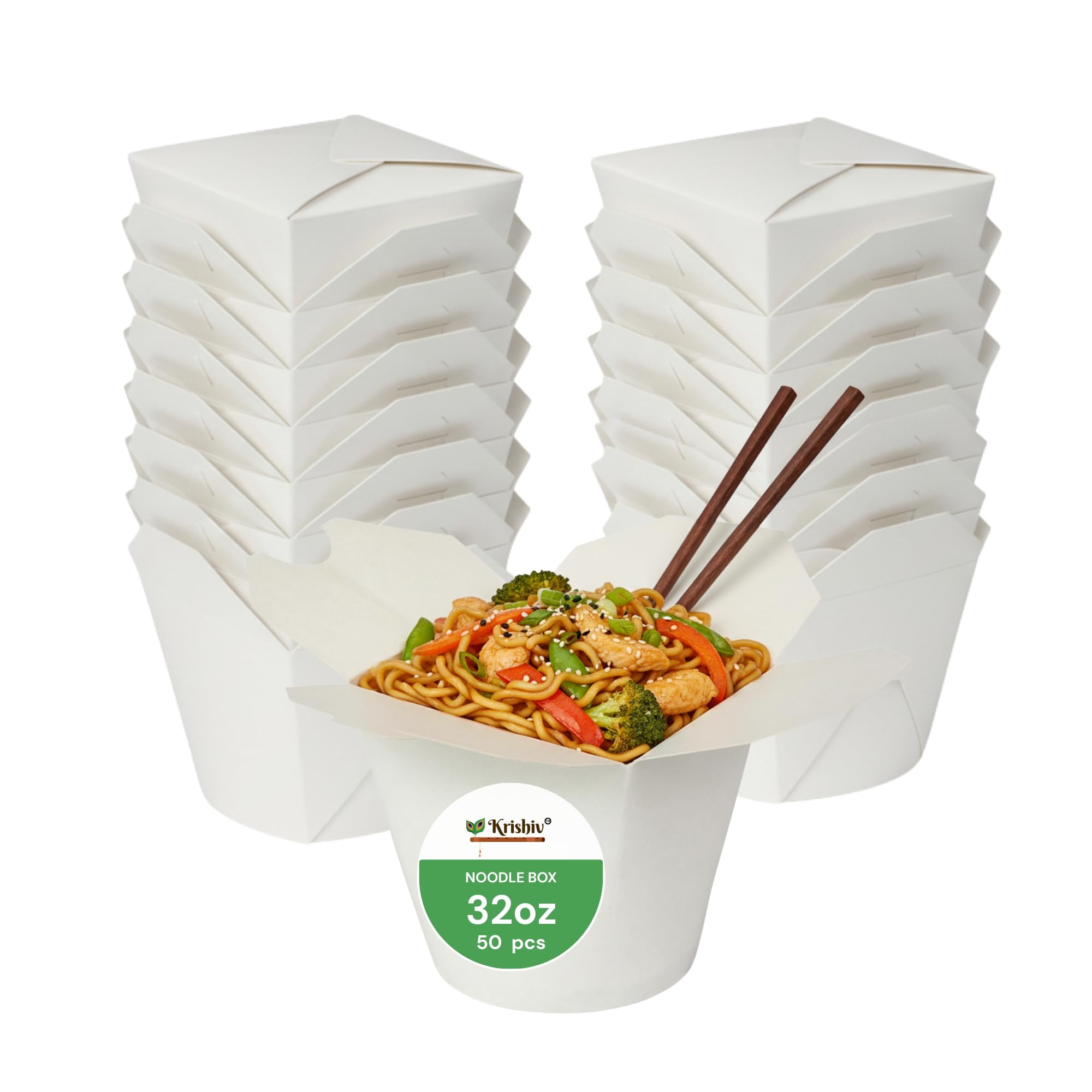 KRISHIV Kraft Paper Noodle Boxes 32oz – Leakproof, Disposable Chinese Food Containers for Hot Food, Rice, and Noodles – Takeout Packaging for Business and Home Use Pack of (25)