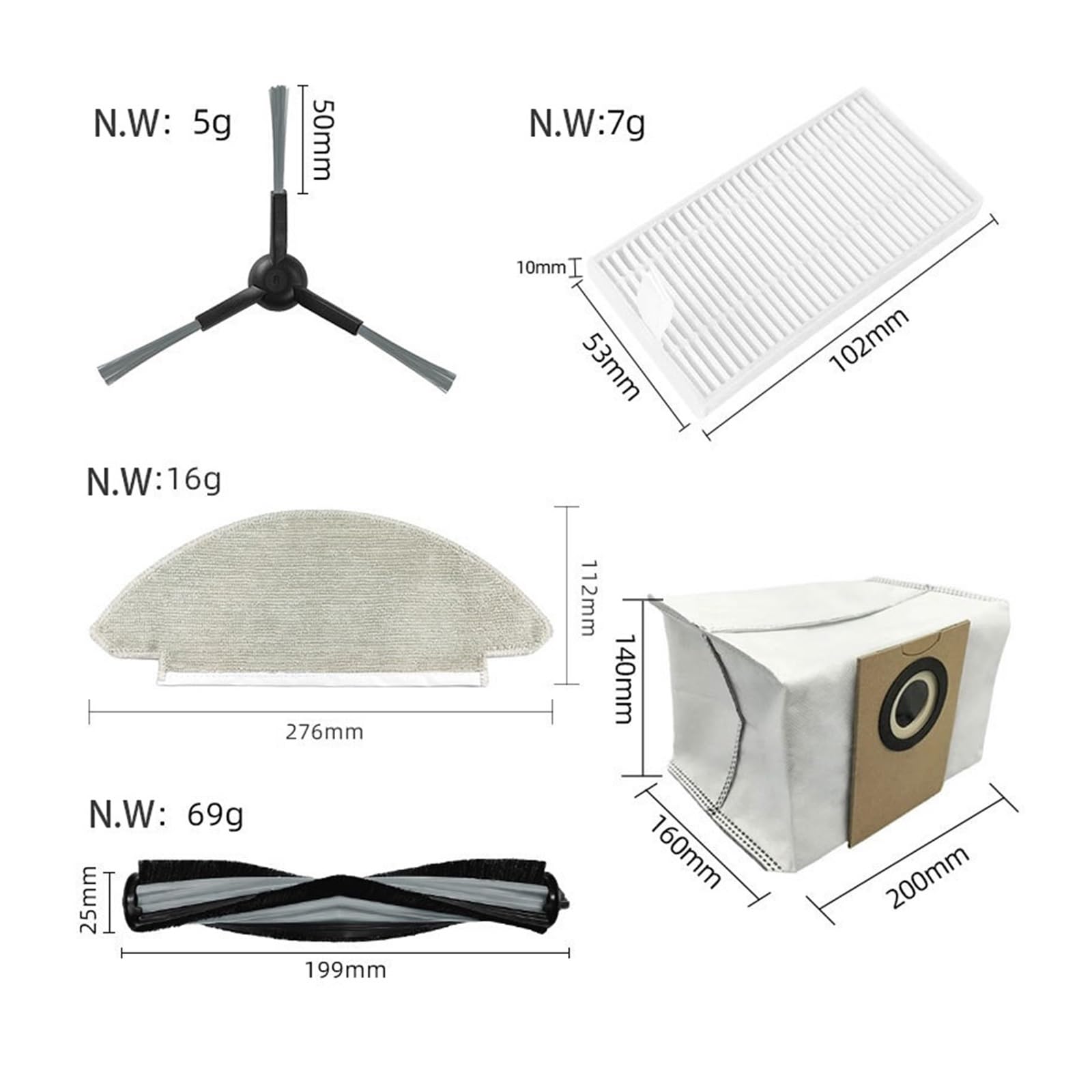 Szczotka boczna odkurzacza, Compatible With Viomi Alpha 2 Pro V5 Pro Robot szczotka rolkowa worek na kurz szmaty do mopa filtr części zamiennych szczotki próżniowe i filtr(Set5)